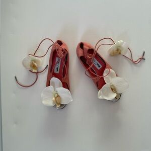 Vintage Jimmy Choo Pink Flats Sandals Orchid Flowers 5.5 Suede Wrap Straps Tie